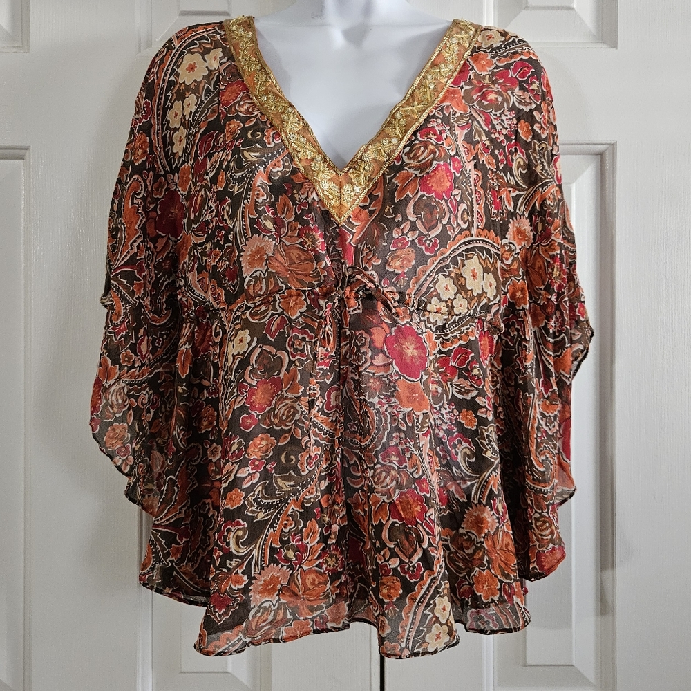 Banana Republic Kimono Silk Top M/L Y2K Forest Fairy Beaded Boho Chic Sheer